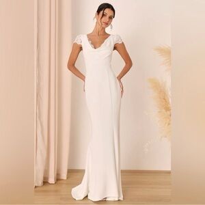 Lulus Forever Beloved Classic White Lace Cap Sleeve Mermaid Maxi Dress Size XXS